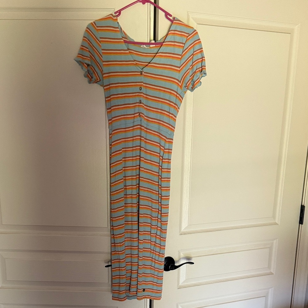 Roxy Striped Midi Dress in Orange and Blue